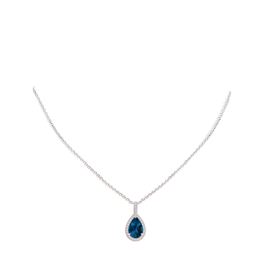 12x8mm AAA London Blue Topaz Teardrop Pendant with Diamond Halo in White Gold body-neck