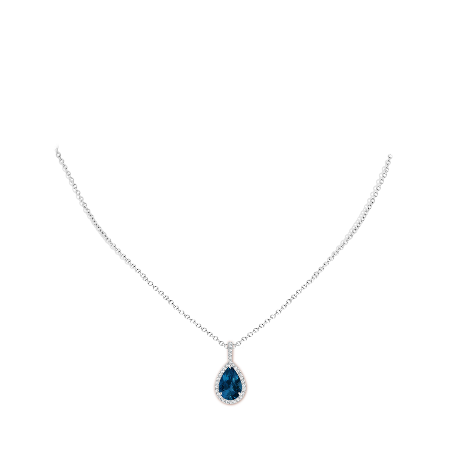 12x8mm AAA Claw-Set London Blue Topaz Teardrop Halo Pendant in White Gold - body_neck