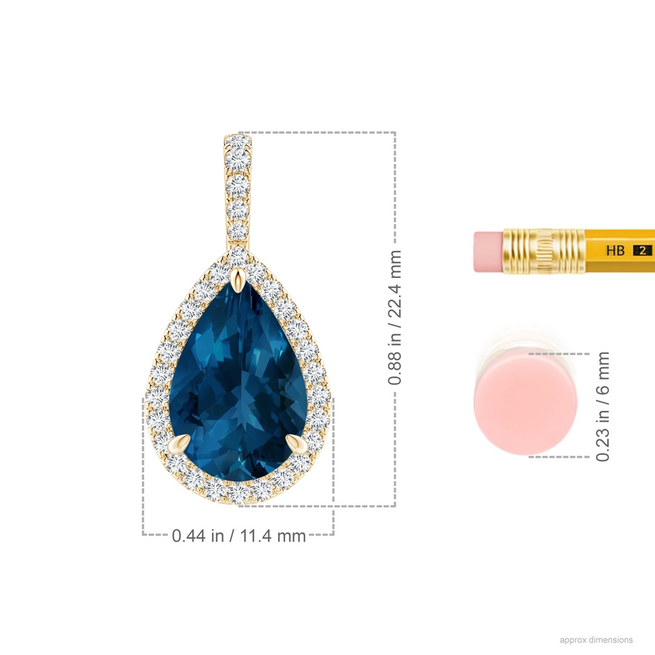 12x8mm AAA Claw-Set London Blue Topaz Teardrop Halo Pendant in Yellow Gold ruler
