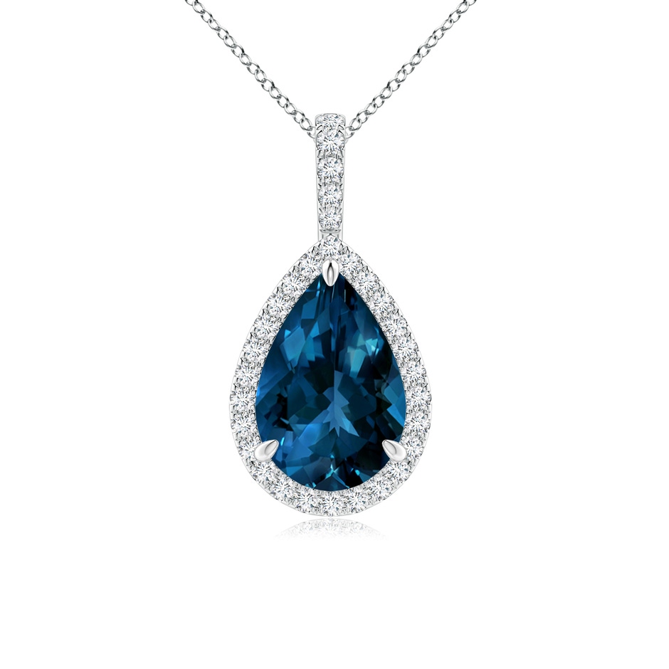 12x8mm AAAA London Blue Topaz Teardrop Pendant with Diamond Halo in 18K White Gold 