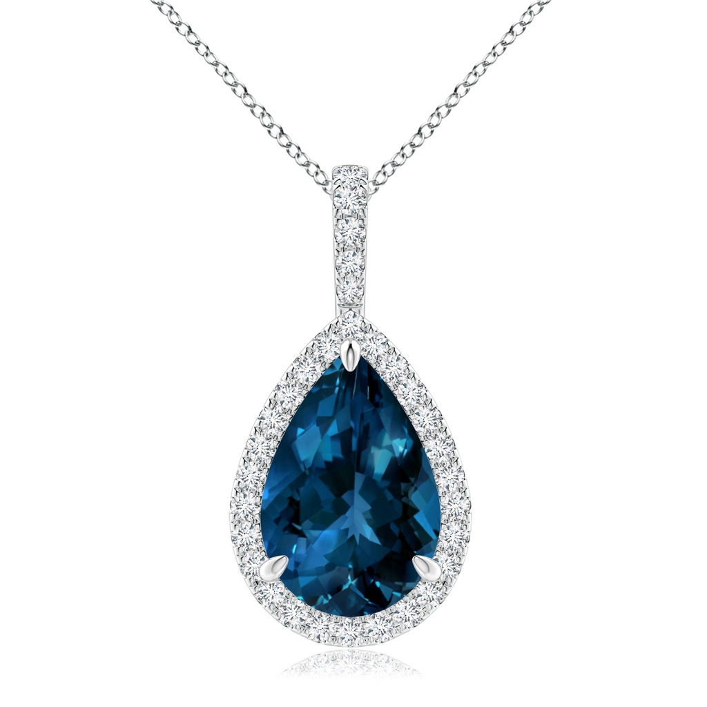 12x8mm AAAA London Blue Topaz Teardrop Pendant with Diamond Halo in White Gold 