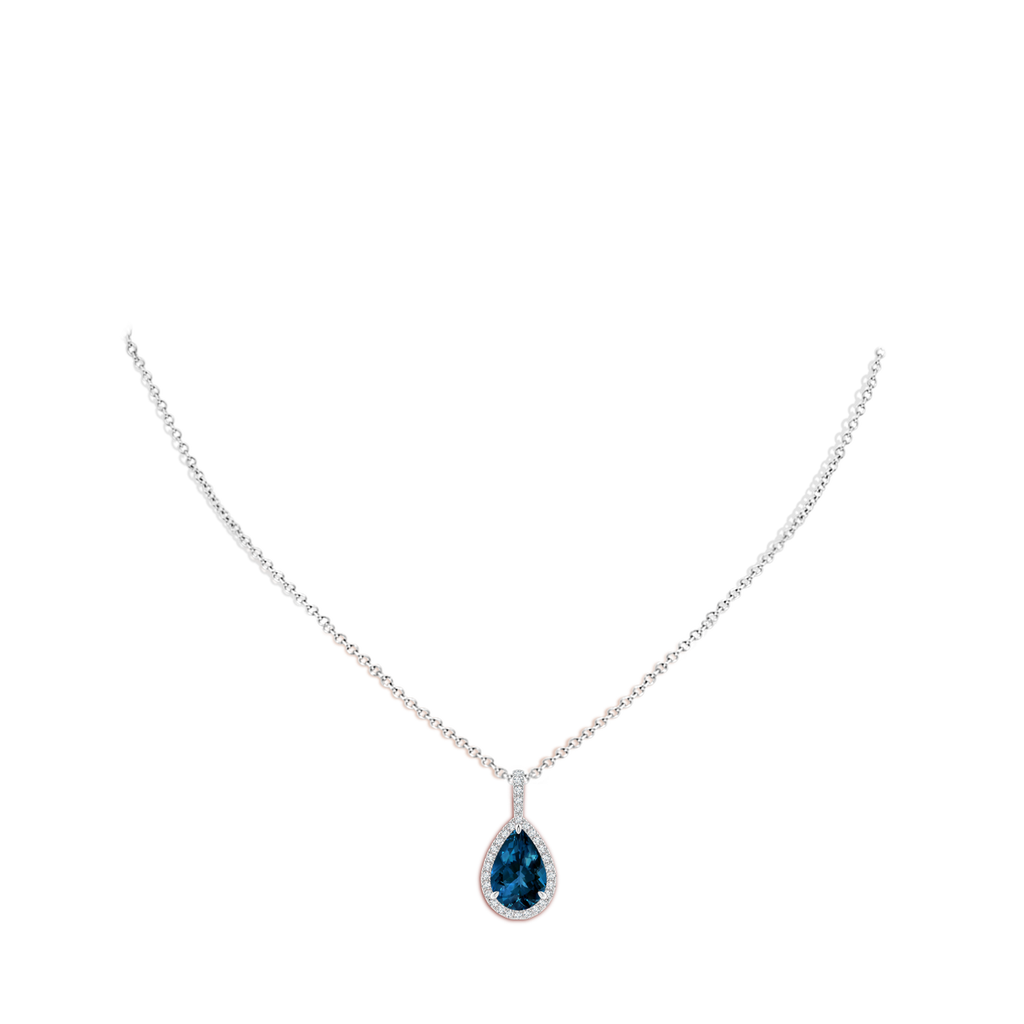 12x8mm AAAA London Blue Topaz Teardrop Pendant with Diamond Halo in White Gold Body-Neck