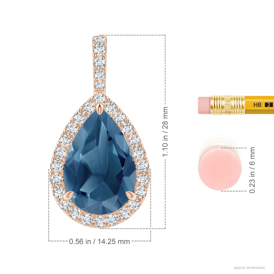 15x10mm A Claw-Set London Blue Topaz Teardrop Halo Pendant in Rose Gold ruler