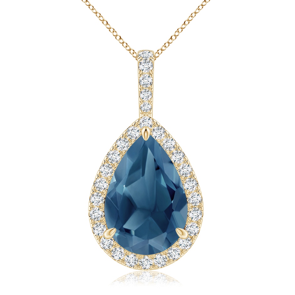15x10mm A Claw-Set London Blue Topaz Teardrop Halo Pendant in Yellow Gold 