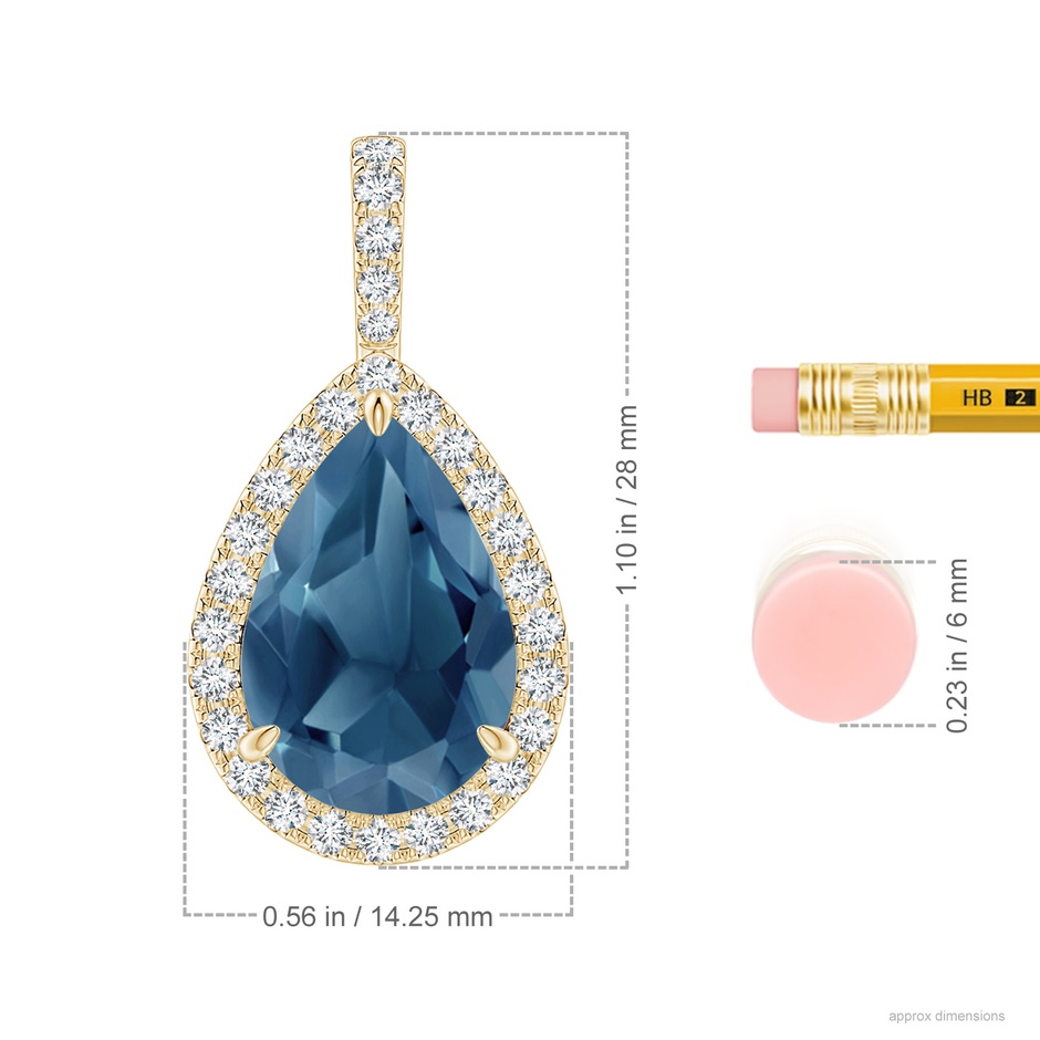 15x10mm A Claw-Set London Blue Topaz Teardrop Halo Pendant in Yellow Gold ruler