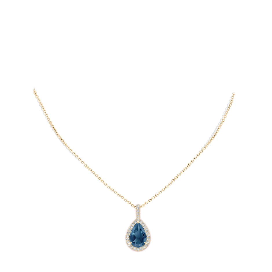 15x10mm A Claw-Set London Blue Topaz Teardrop Halo Pendant in Yellow Gold pen