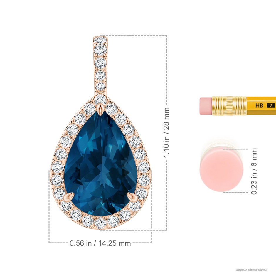 15x10mm AAA Claw-Set London Blue Topaz Teardrop Halo Pendant in Rose Gold ruler