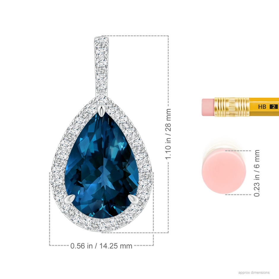 15x10mm AAAA Claw-Set London Blue Topaz Teardrop Halo Pendant in P950 Platinum ruler