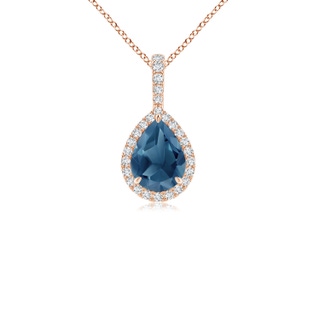 8x6mm A Claw-Set London Blue Topaz Teardrop Halo Pendant in 9K Rose Gold