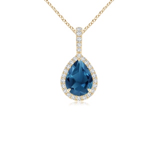 8x6mm AA Claw-Set London Blue Topaz Teardrop Halo Pendant in 9K Yellow Gold