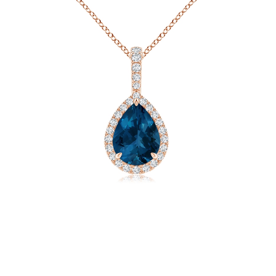8x6mm AAA London Blue Topaz Teardrop Pendant with Diamond Halo in Rose Gold 