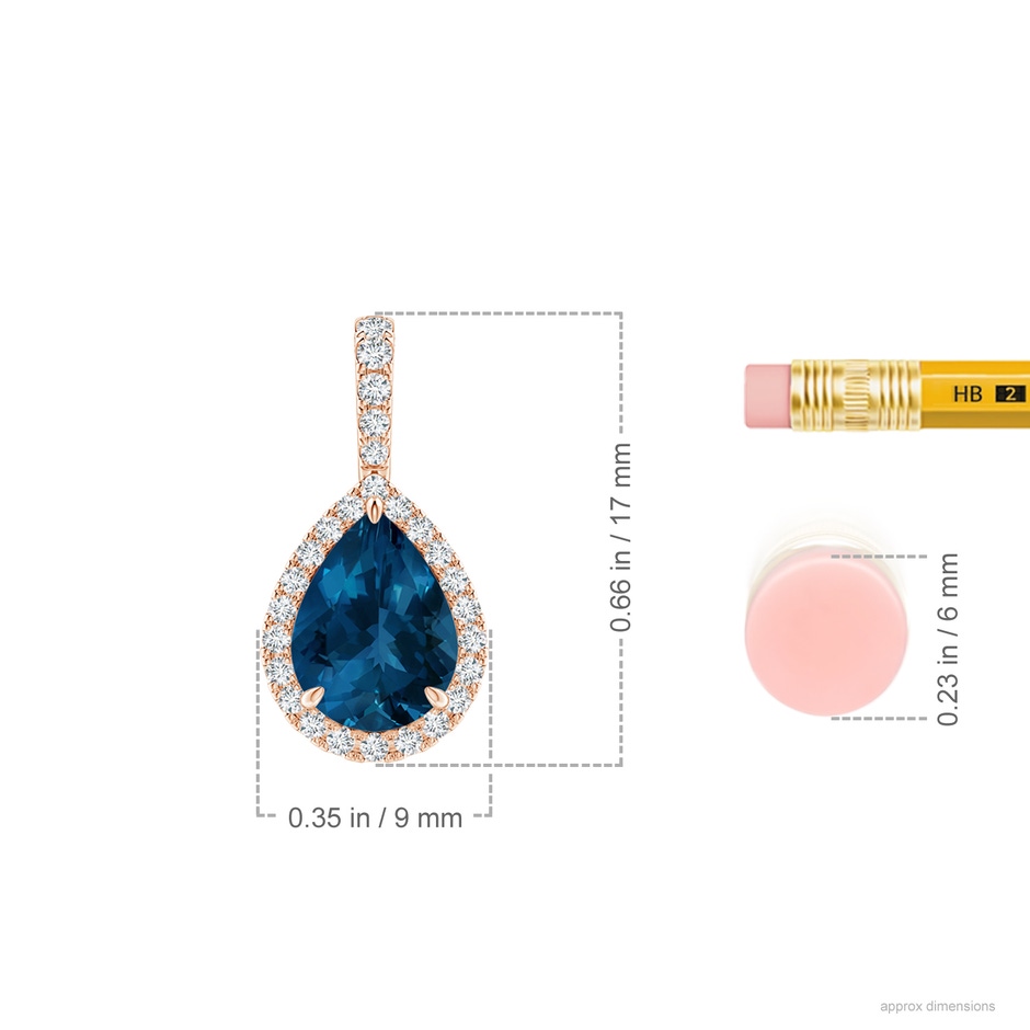 8x6mm AAA London Blue Topaz Teardrop Pendant with Diamond Halo in Rose Gold ruler