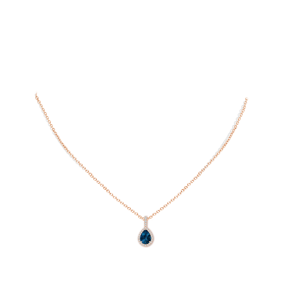 8x6mm AAA London Blue Topaz Teardrop Pendant with Diamond Halo in Rose Gold pen