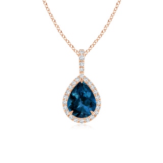 8x6mm AAAA London Blue Topaz Teardrop Pendant with Diamond Halo in 10K Rose Gold