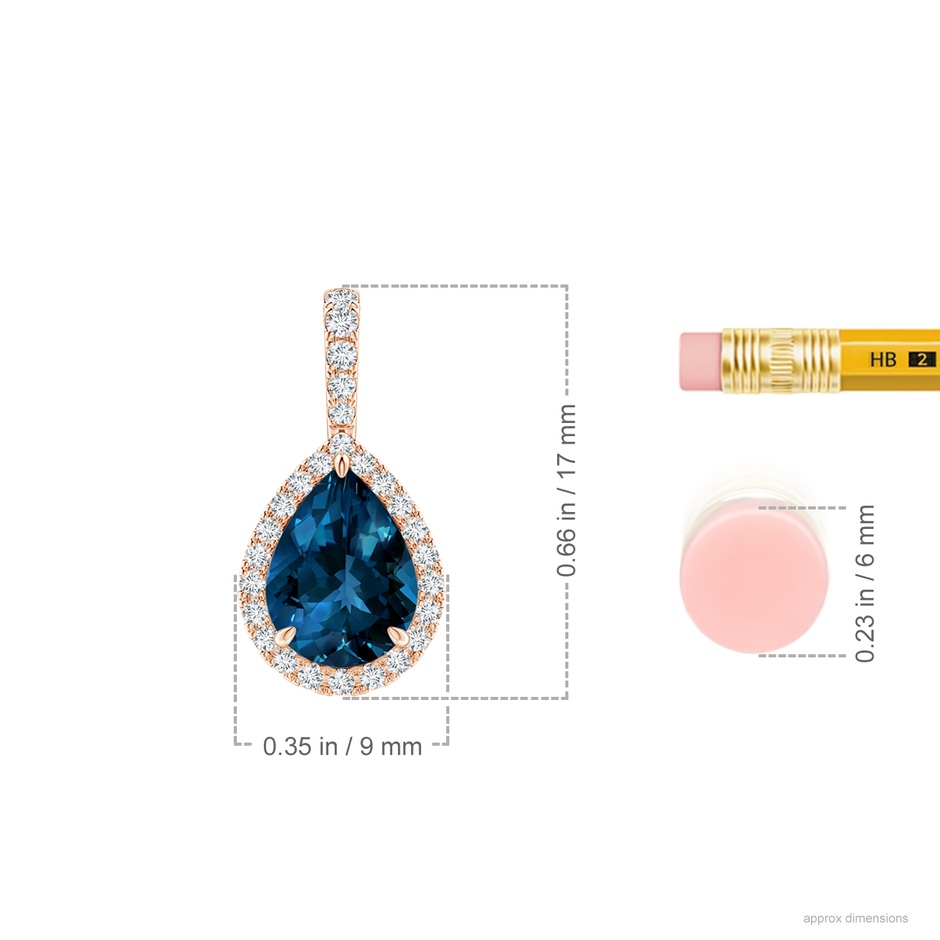 8x6mm AAAA Claw-Set London Blue Topaz Teardrop Halo Pendant in Rose Gold ruler
