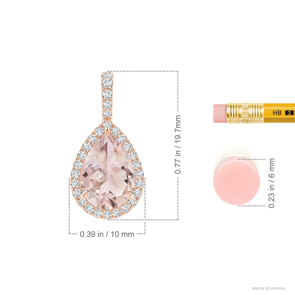 10x7mm A Morganite Teardrop Pendant with Diamond Halo in Rose Gold ruler