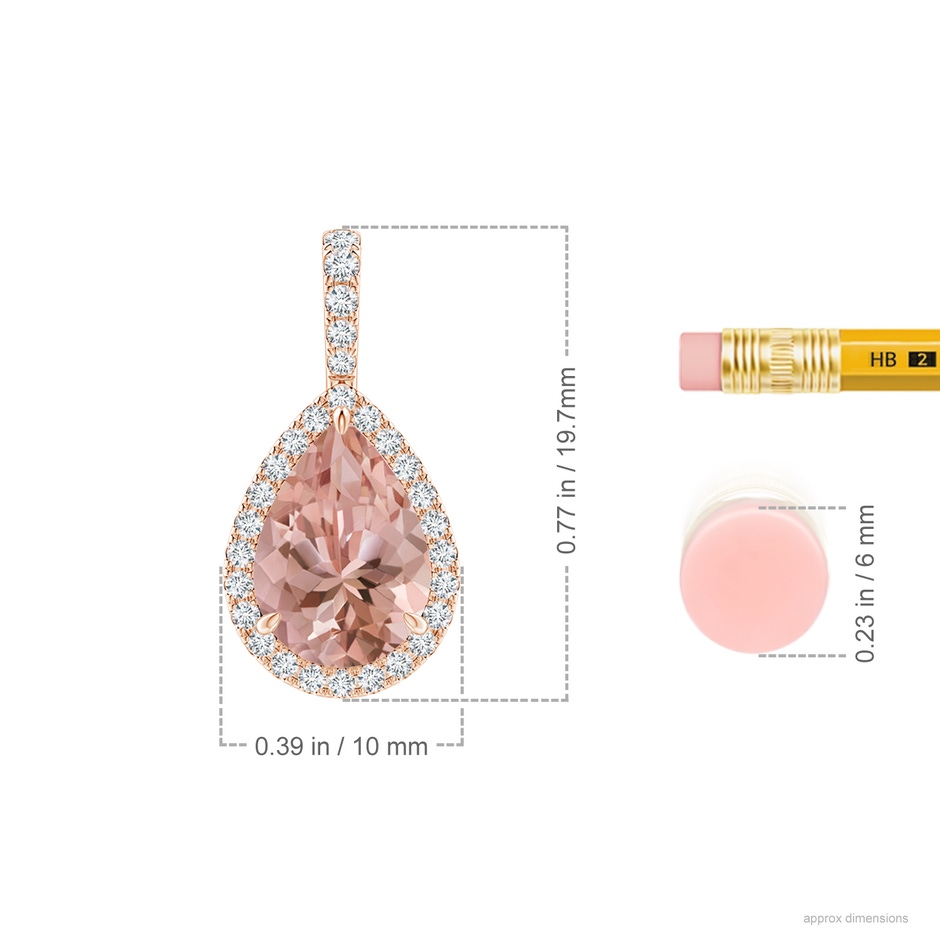 10x7mm AAAA Morganite Teardrop Pendant with Diamond Halo in 18K Rose Gold ruler