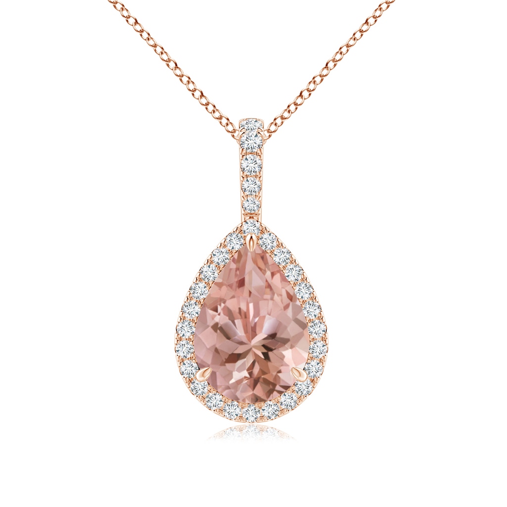 10x7mm AAAA Morganite Teardrop Pendant with Diamond Halo in Rose Gold