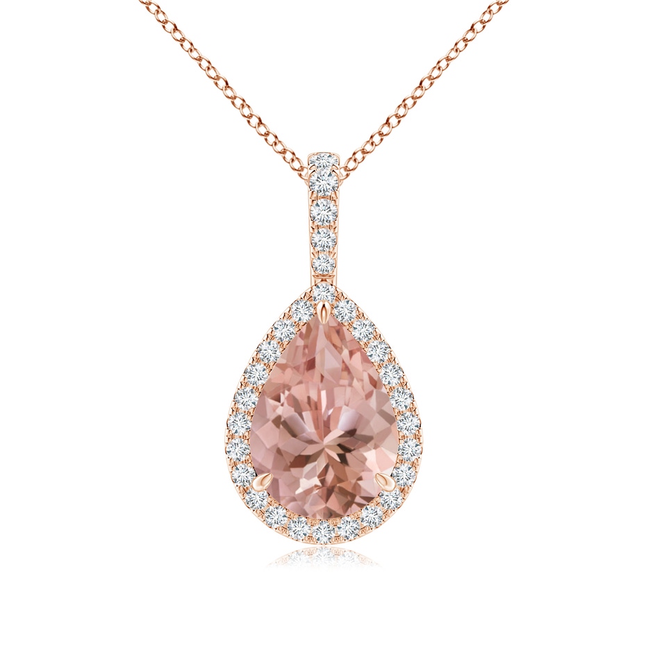 10x7mm AAAA Morganite Teardrop Pendant with Diamond Halo in Rose Gold 