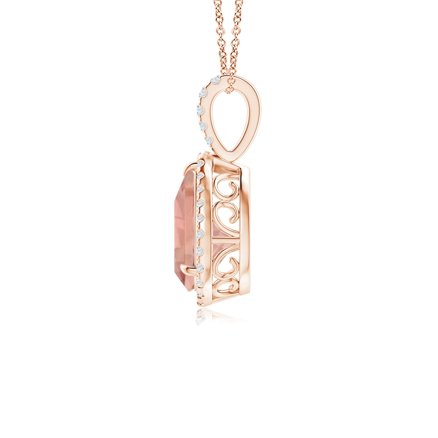 10x7mm AAAA Morganite Teardrop Pendant with Diamond Halo in Rose Gold
