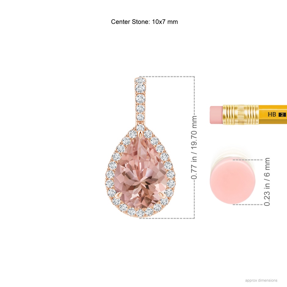 10x7mm AAAA Morganite Teardrop Pendant with Diamond Halo in Rose Gold ruler