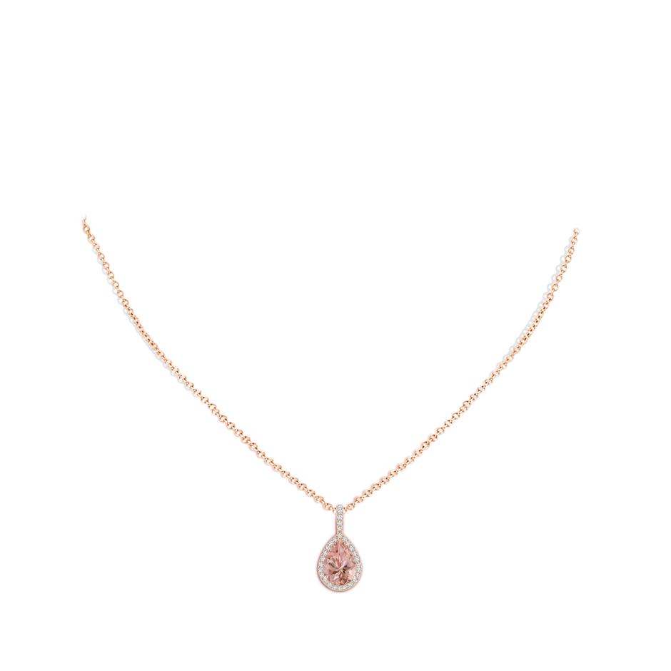 10x7mm AAAA Morganite Teardrop Pendant with Diamond Halo in Rose Gold body-neck