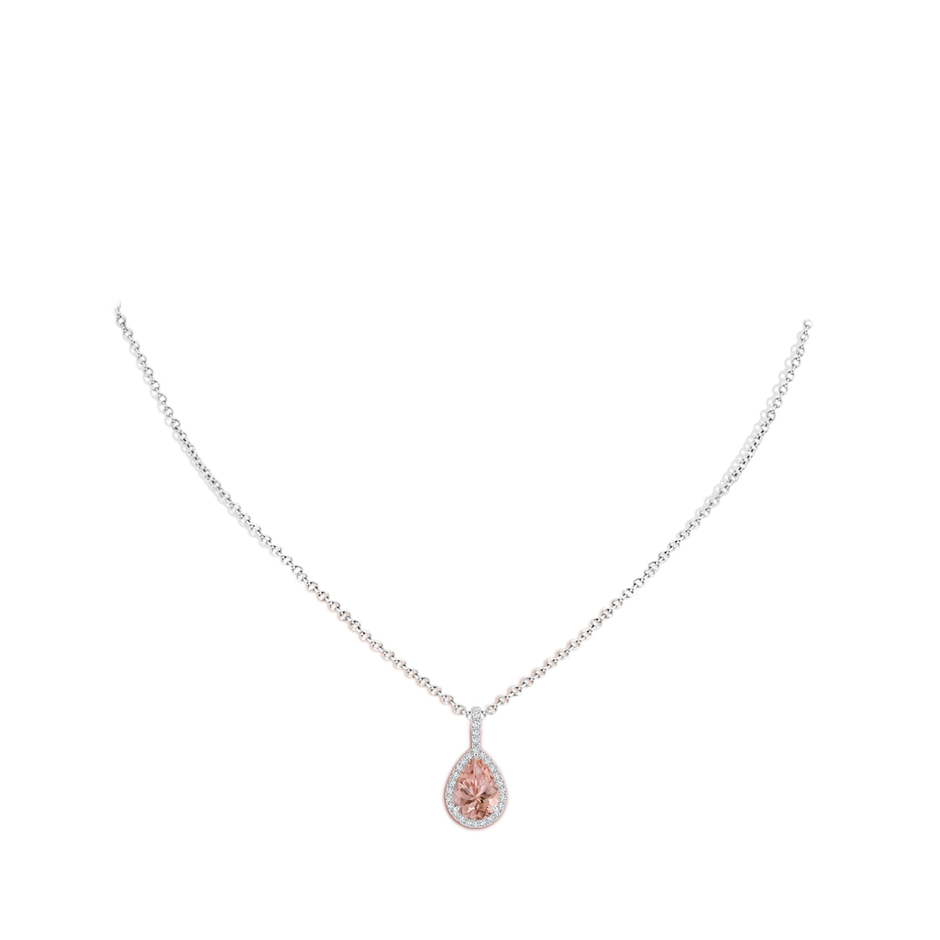 10x7mm AAAA Morganite Teardrop Pendant with Diamond Halo in White Gold body-neck