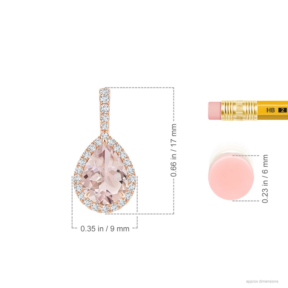 8x6mm A Morganite Teardrop Pendant with Diamond Halo in Rose Gold ruler