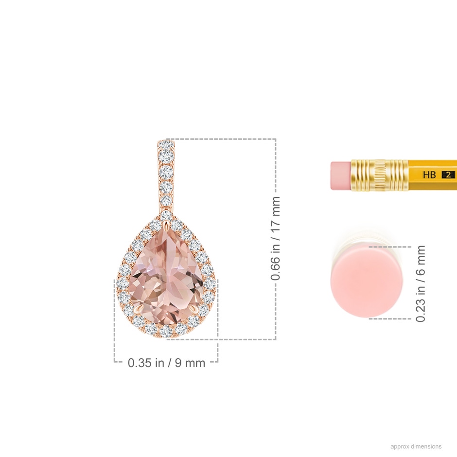 8x6mm AAA Morganite Teardrop Pendant with Diamond Halo in Rose Gold ruler