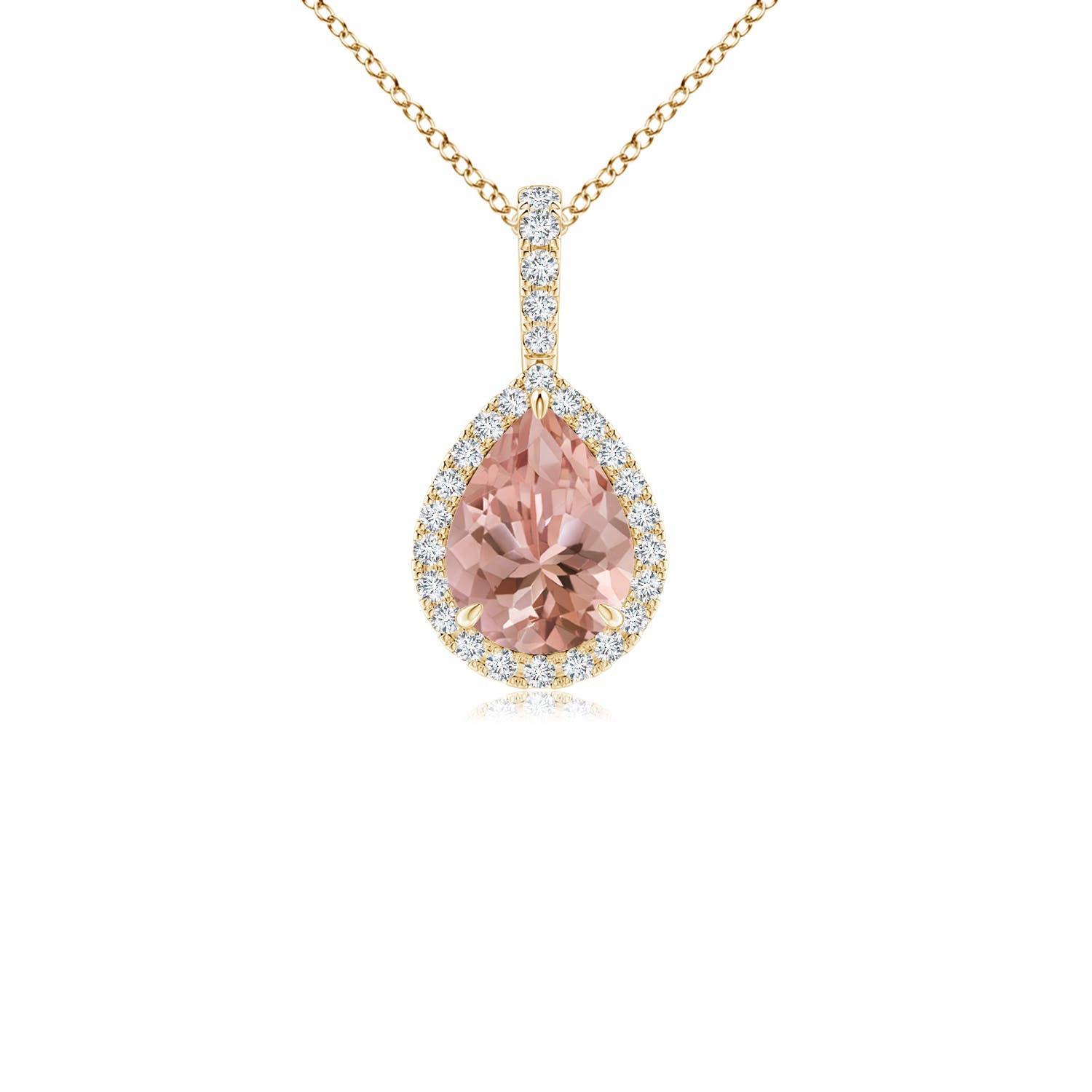 8x6mm AAAA Morganite Teardrop Pendant with Diamond Halo in 18CT Yellow Gold