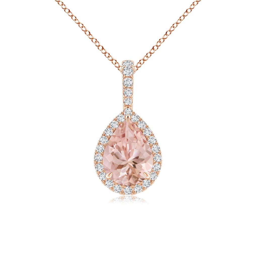 8x6mm AAAA Morganite Teardrop Pendant with Diamond Halo in Rose Gold