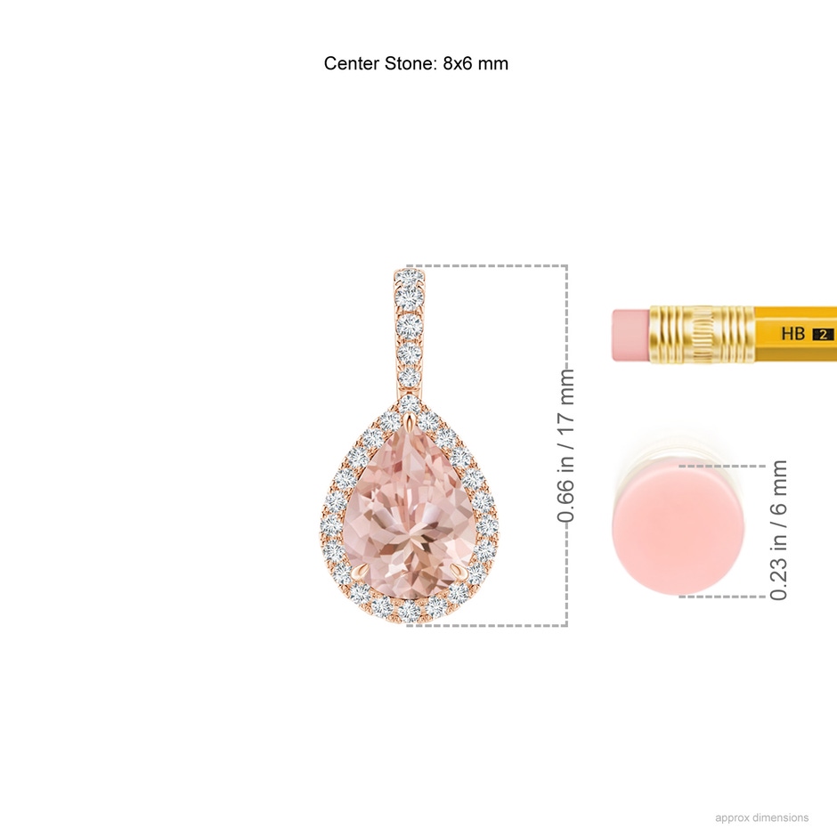 8x6mm AAAA Morganite Teardrop Pendant with Diamond Halo in Rose Gold ruler