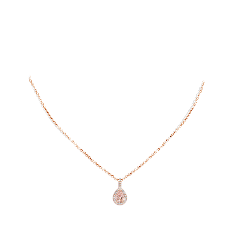 8x6mm AAAA Morganite Teardrop Pendant with Diamond Halo in Rose Gold body-neck