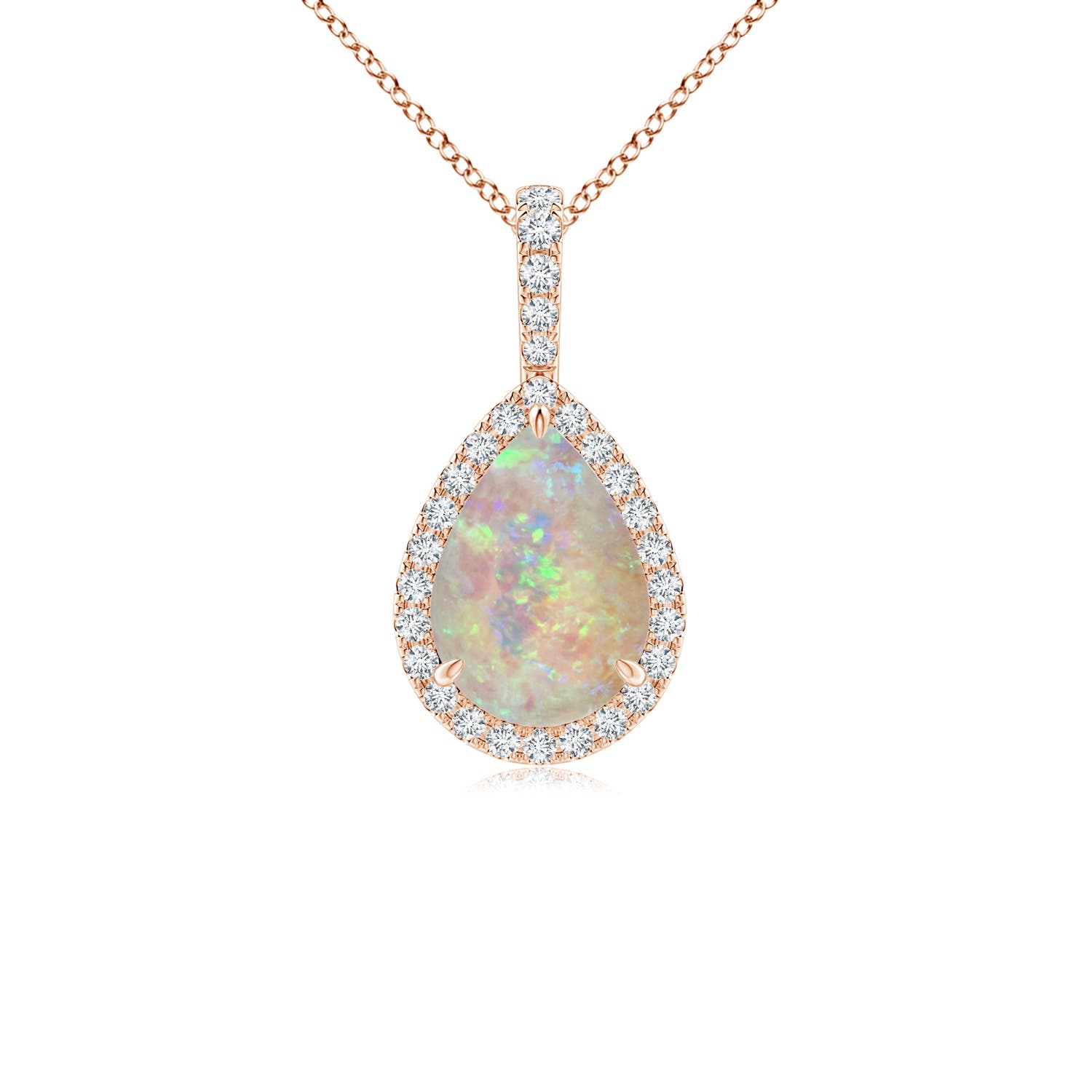 10x7mm AAAA Opal Teardrop Pendant with Diamond Halo in 18CT Rose Gold