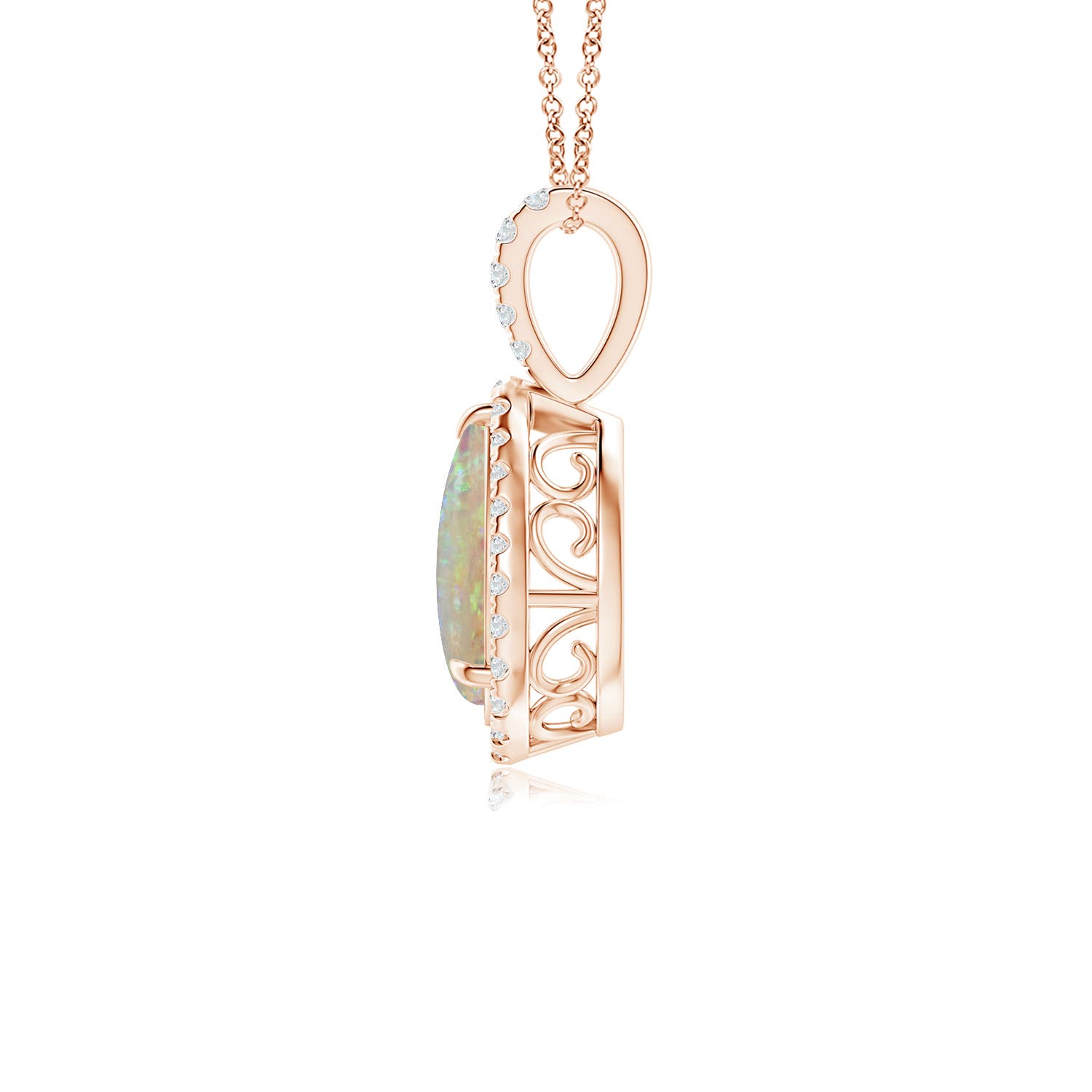 10x7mm AAAA Opal Teardrop Pendant with Diamond Halo in Rose Gold