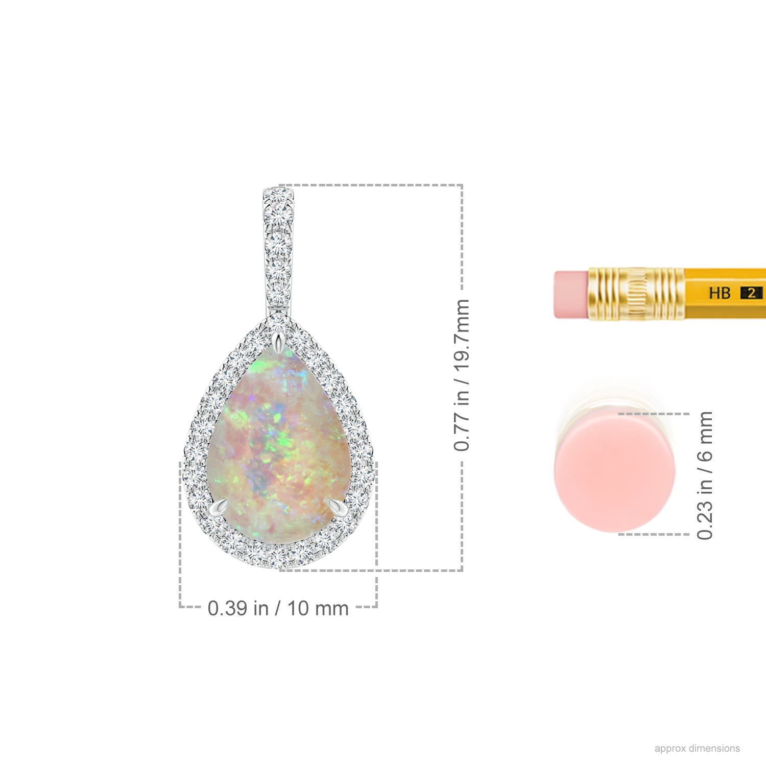 10x7mm AAAA Opal Teardrop Pendant with Diamond Halo in White Gold - ruler