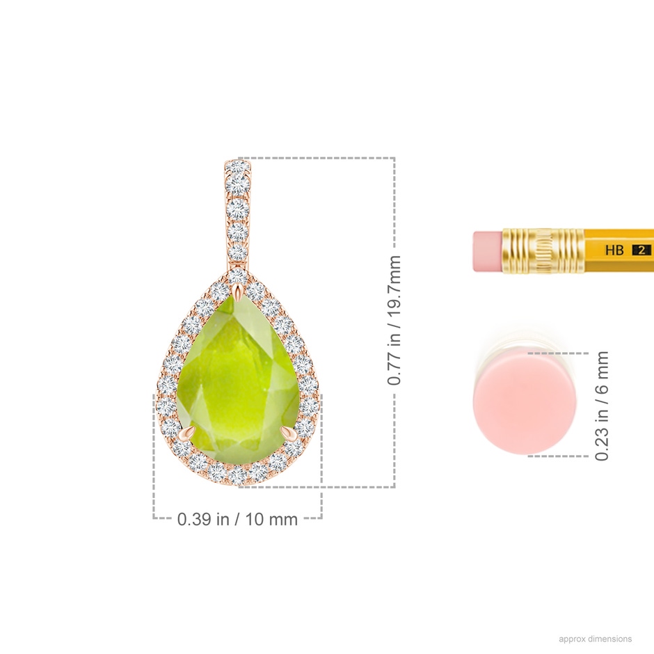 10x7mm A Peridot Teardrop Pendant with Diamond Halo in Rose Gold ruler