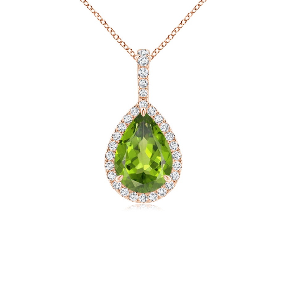 10x7mm AAA Peridot Teardrop Pendant with Diamond Halo in Rose Gold 