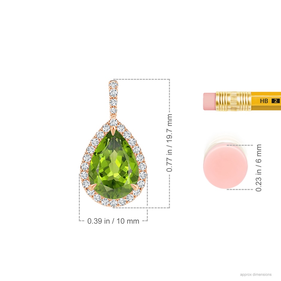 10x7mm AAA Peridot Teardrop Pendant with Diamond Halo in Rose Gold ruler