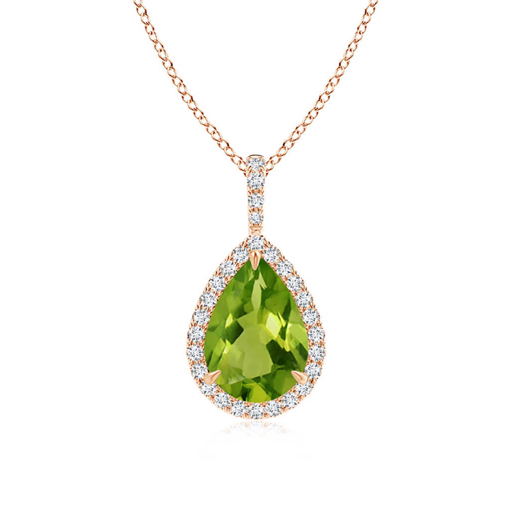 10x7mm AAAA Peridot Teardrop Pendant with Diamond Halo in Rose Gold