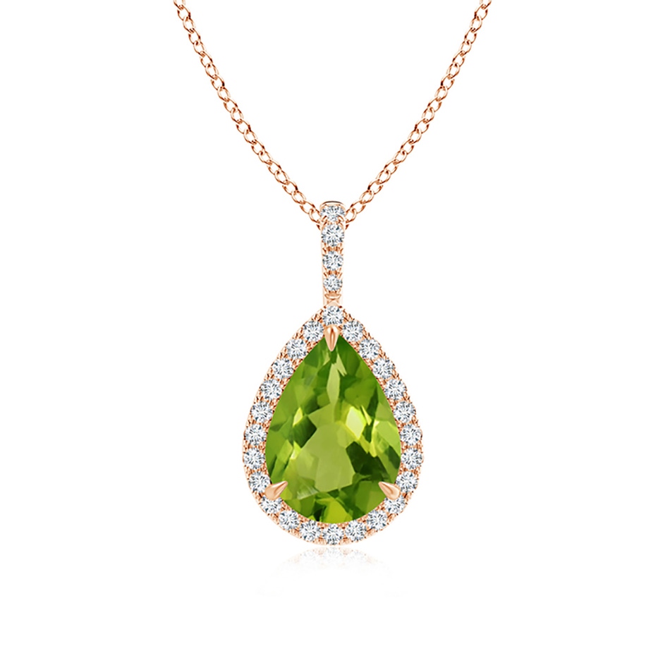 10x7mm AAAA Peridot Teardrop Pendant with Diamond Halo in Rose Gold 
