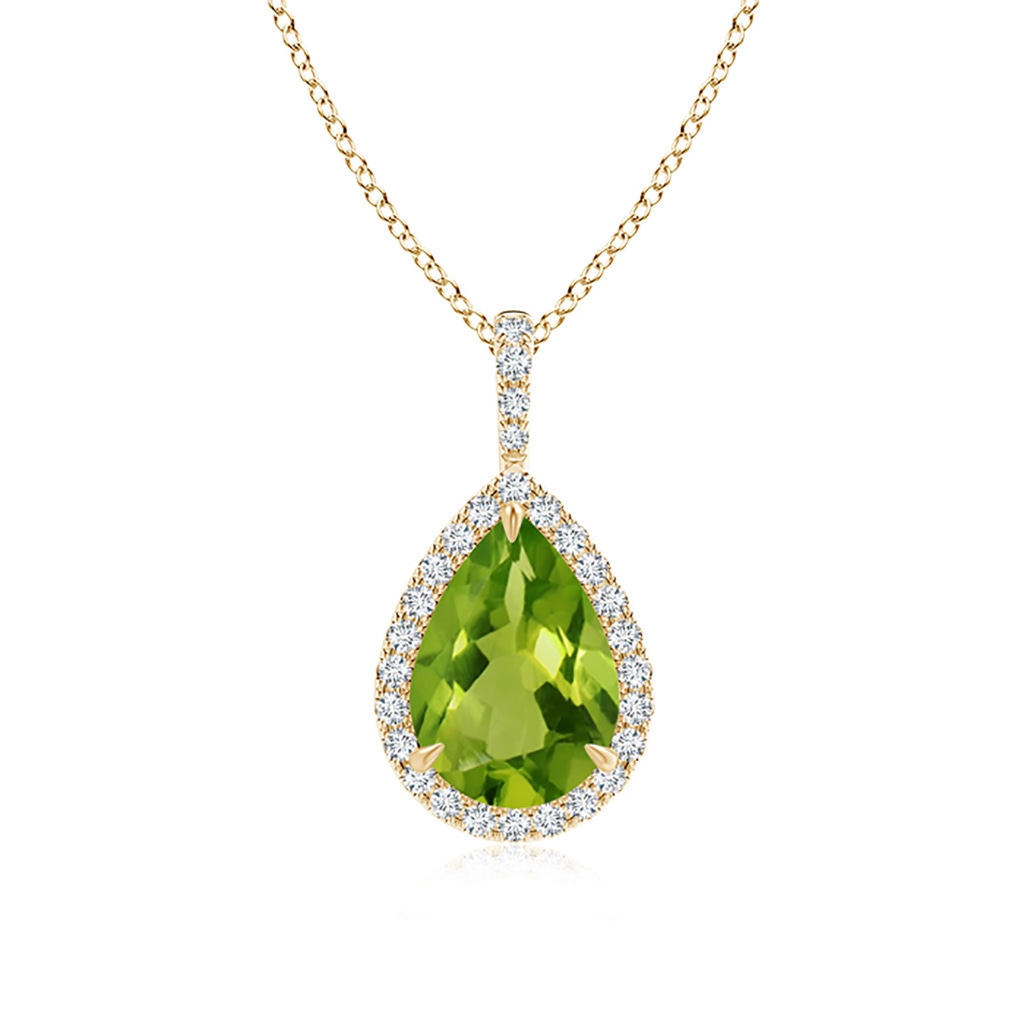 10x7mm AAAA Peridot Teardrop Pendant with Diamond Halo in Yellow Gold