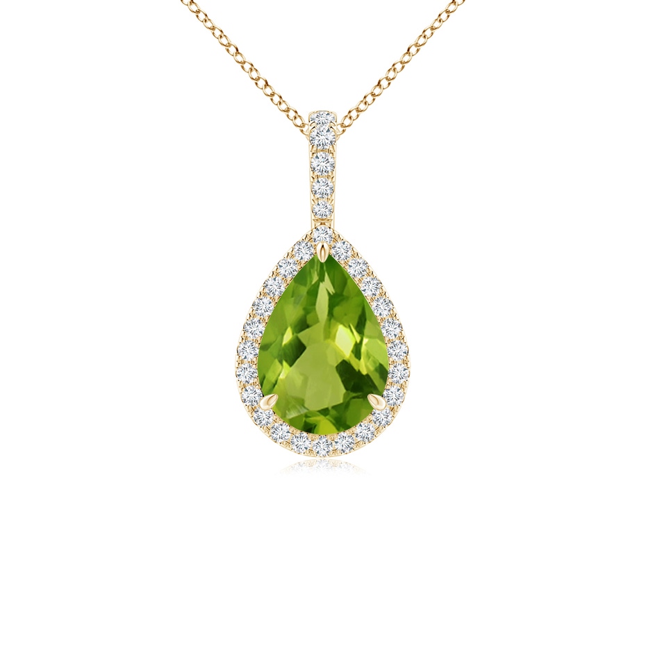 10x7mm AAAA Peridot Teardrop Pendant with Diamond Halo in Yellow Gold 