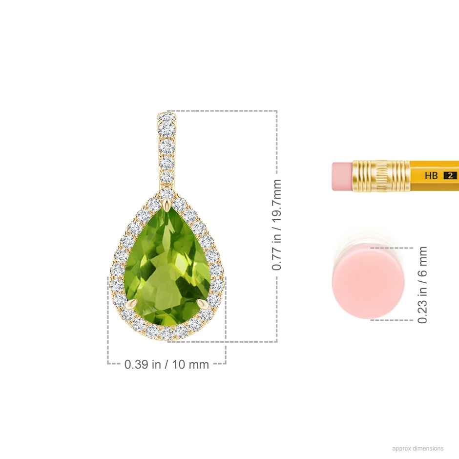 10x7mm AAAA Peridot Teardrop Pendant with Diamond Halo in Yellow Gold ruler