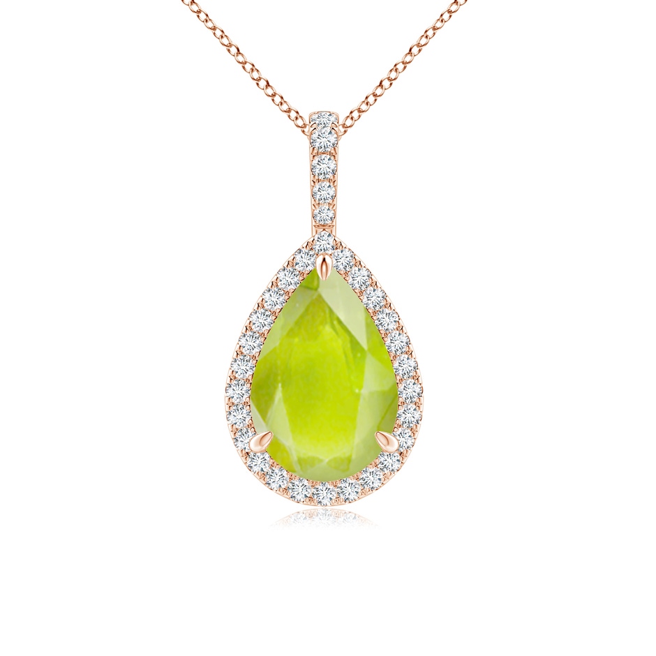 12x8mm A Peridot Teardrop Pendant with Diamond Halo in Rose Gold 