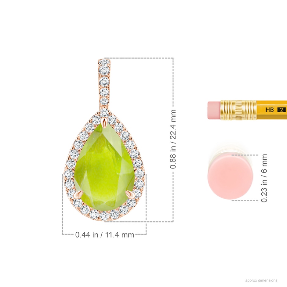 12x8mm A Peridot Teardrop Pendant with Diamond Halo in Rose Gold ruler