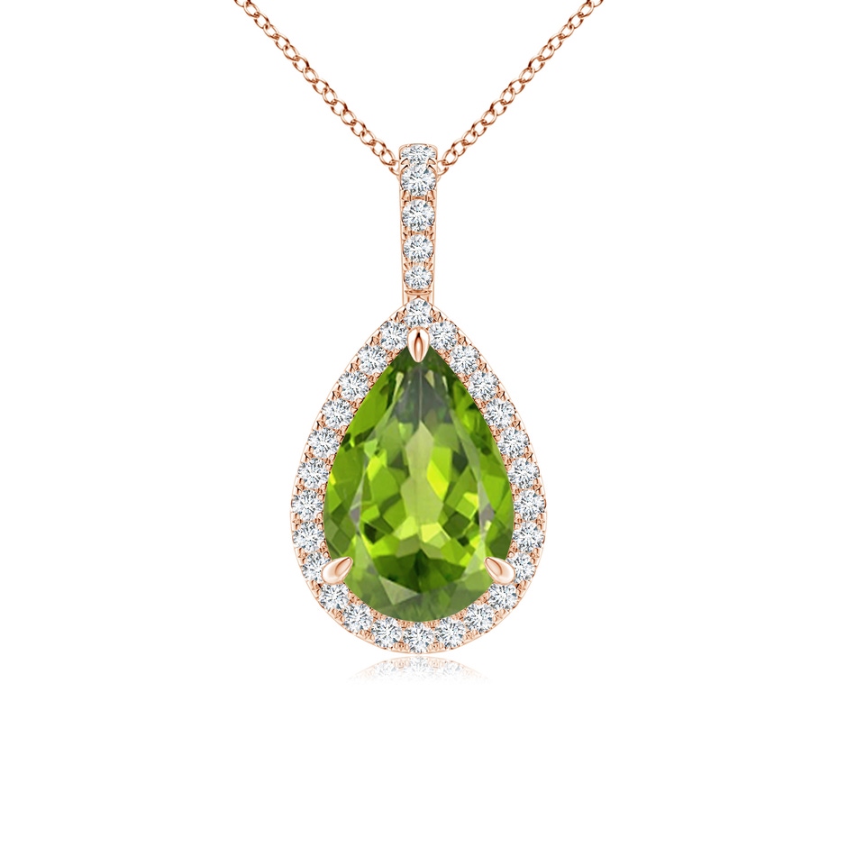 12x8mm AAA Peridot Teardrop Pendant with Diamond Halo in Rose Gold 