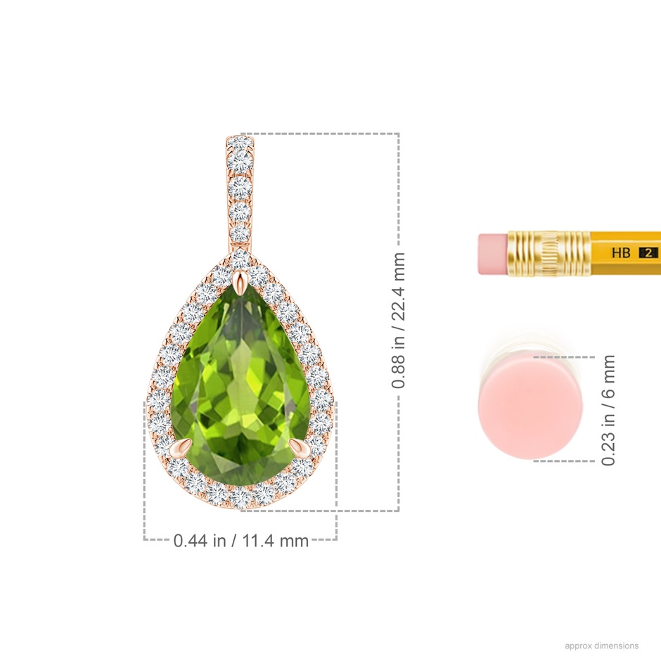 12x8mm AAA Peridot Teardrop Pendant with Diamond Halo in Rose Gold ruler