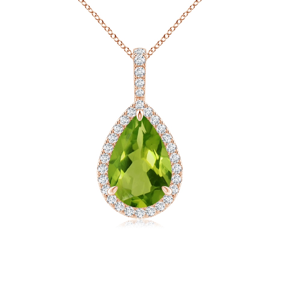 12x8mm AAAA Peridot Teardrop Pendant with Diamond Halo in Rose Gold 
