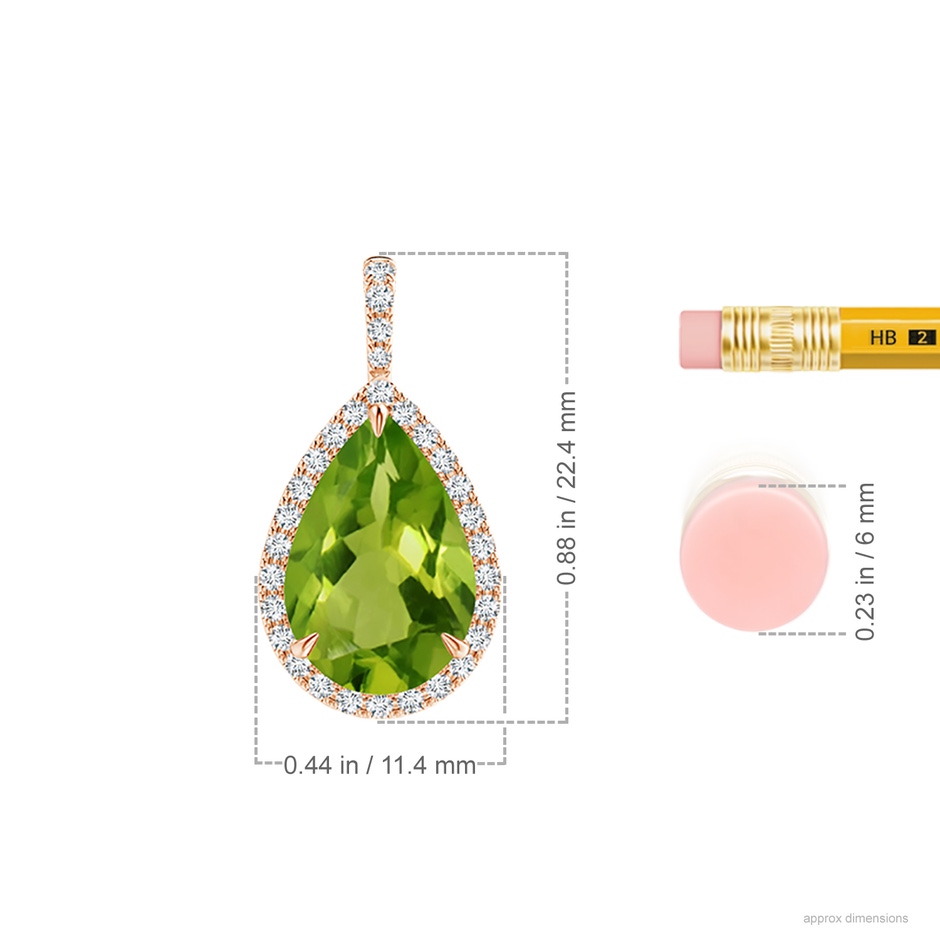 12x8mm AAAA Peridot Teardrop Pendant with Diamond Halo in Rose Gold ruler
